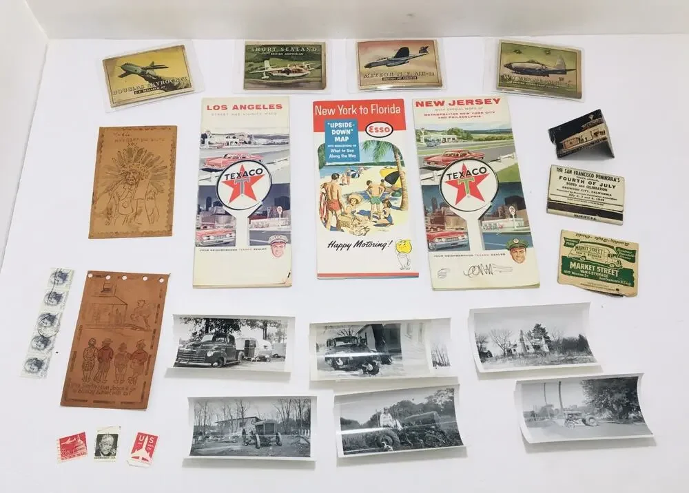 JUNK DRAWER LOT MAPS OLD PHOTOS STAMPS LEATHER POSTCARDS AIRPLANE CARDS ETC